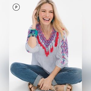 CHICO Pinstriped Tassel-Trim Super Cute Blouse top